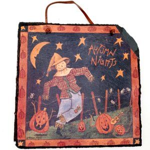 Autumn Nights Print Fall Halloween Scarecrow Pumpkins JOL Harvest Moon Decor